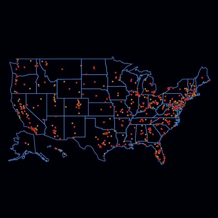 Map of United States with pinned locations of hate groups